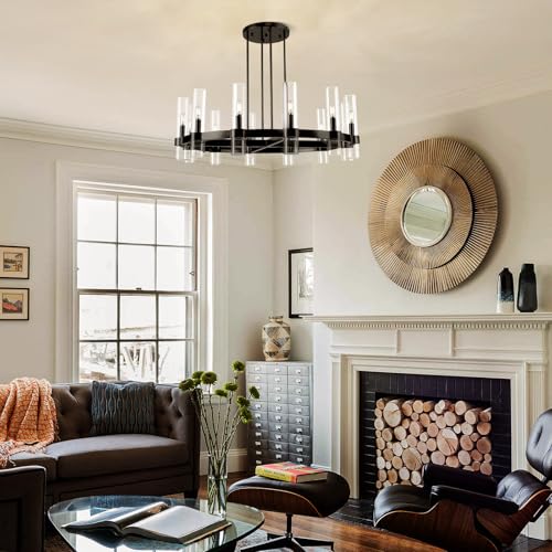 12 Light Black Round Chandelier 36'' Wagon Wheel Chandeliers for Dining Room Light Fixture Clear Glass Tube Chandelier Modern Farmhouse Chandeliers for Living Room Bedroom