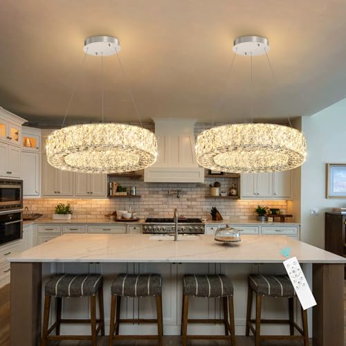 16 Inch Chandelier Glam Dimmable LED Crystal Chandeliers Luxury Round Pendant Lighting Fixtures for Dining Room Bedrooms Silver