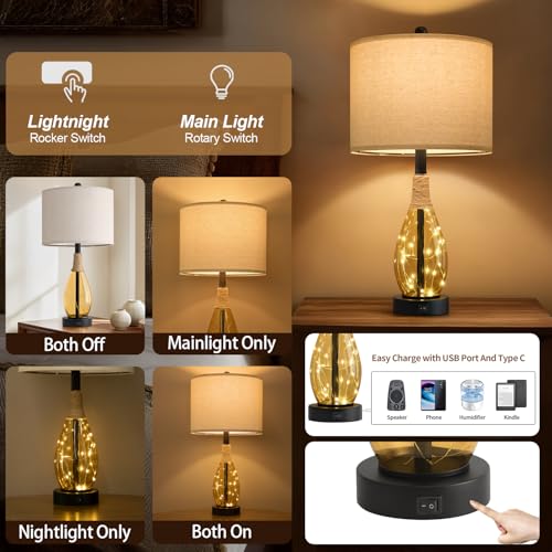 23" Table Lamps for Living Room Set of 2 Bedside Lamps for Night Stands Bedroom Lamps Farmhouse Rattan Boho Lamp Glass Nightlight End Table Lamp