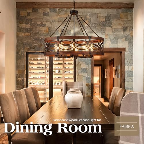 10 Light Farmhouse Drum Wood Pendant Light
