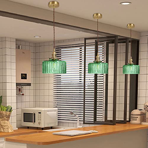 Lighting Green Pendant Light Mid Century Modern Hanging Light with Green Striped Glass Shade Vintage Kitchen Island Pendant Lights Gold Ceiling Pendant Light for Dining Room Bedroom