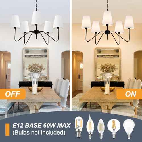 5-Arm Chandelier, 30" Modern Pendant Light with White Shade | Height Adjustable, E12 Bulb Base, Ideal for Kitchen Island Dining Room Over Table Living Room