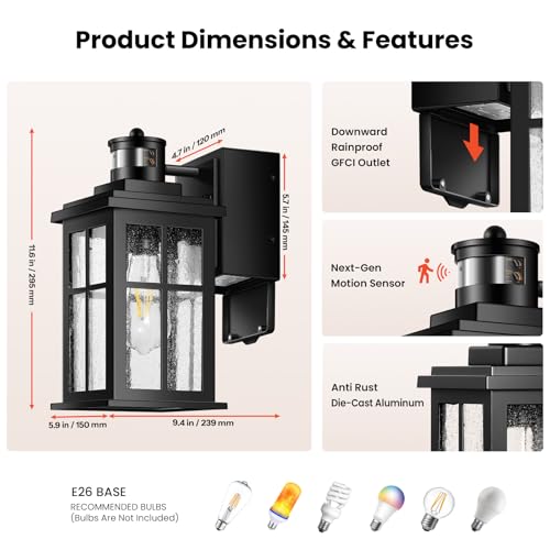Motion Sensor Outdoor Porch Light with GFCI Outlet