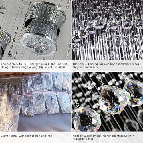 Crystal Chandelier Modern Chandelier Modern 8 Lights Square Chandelier Light Luxury 3 Tier Crystal Raindrop Chandeliers Flush Mount Ceiling Light Pendant for Foyer Modern Chandeliers for Entryway