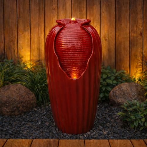 Glazed Vase Floor Freestanding Water Fountain with LED Lights and Pump for Outdoor Patio Backyard Deck Plant Garden Décor