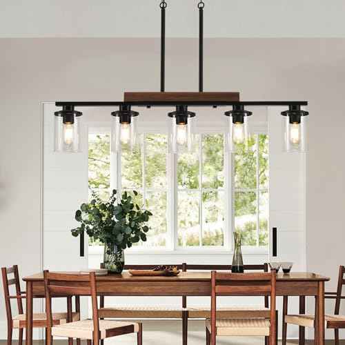 36.2‘’ Kitchen Lighting, 5-Light Dining Room Light Fixture Chandelier Over Table, Black Modern Rustic Wood Ceiling Pendant Light Fixtures, with Clear Glass Shade, Farmhouse Chandelier