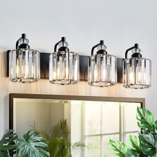 4 Light Black Bathroom Light Fixtures Over Mirror Modern Vanity Lights Crystal Wall Sconce Vintage Bathroom Lighting with Crystal Shade E26 Base for Bedroom