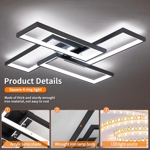 Modern LED Ceiling Lights for Bedroom 26" Dimmable Square Ceiling Lights for Living Room with Remote Control Black Bedroom Light Fixture for Kitchen