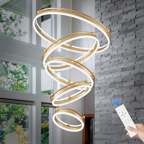 5 Rings Modern LED Chandelier Gold Dimmable Large High Ceiling Chandeliers Foyer