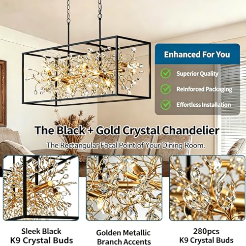 Modern Black and Gold Rectangle Crystal Chandeliers for Dining Room (8 Count)
