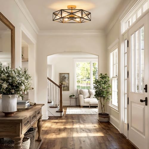 Modern Farmhouse Black and Gold Semi Flush Mount Ceiling Light 19.7 in