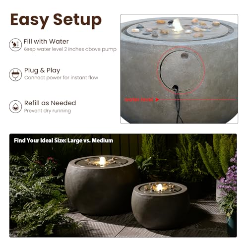 Garden Medium Water Fountain Outdoor Bubbler Water Feature Indoor with Lights & Pump and Pebbles Waterfall Fountains for Patio Deck Yard Home Decor Gray