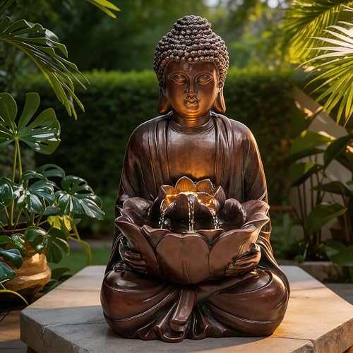 AUTODAYA 18.9" H Buddha Statue Outdoor Water Fountain with Warm LED Lights