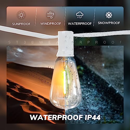 Outdoor String Lights White 100Ft LED Patio Lights Outdoor Waterproof with 50+2 Shatterproof ST38 Bulbs 2200K Dimmable String Lights for Outside Backyard Party Wedding