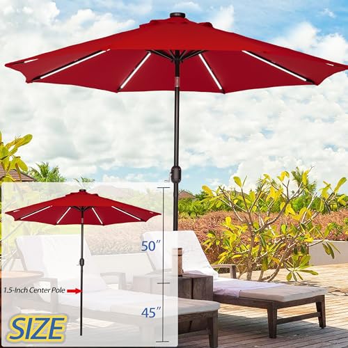 9 FT Patio Umbrella with Solar Lights 8 LED Strip Lights Red