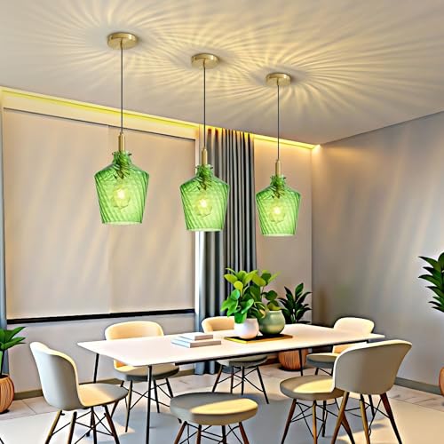 Stripes Green Glass Pendant Light for Kitchen Island Gold 8 Inch 1 Pack