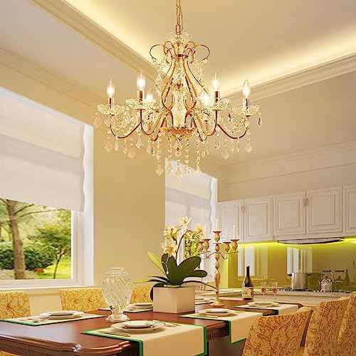 Saint Mossi 6 Light Crystal Chandelier Light Fixture Modern Chandelier Crystal Lighting, French Gold Crystal Raindrop Chandelier for Dining Room,Bedroom,Living Room, H23 x D24