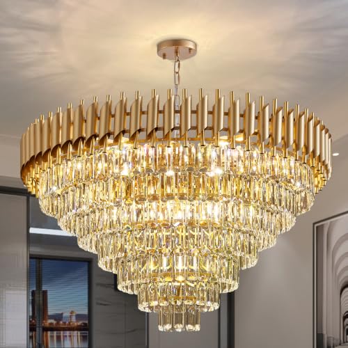 Modern Crystal Chandelier 7 Tiers Gold 35" Round 18 (19 Count)