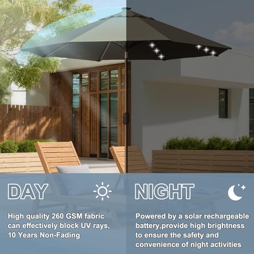 USA 10-Year-Non-Fading 10ft Market Patio Umbrella, Commercial Grade Table Sun Umbrella with 80 Solar LED Lights, Crank Open, Windproof & UPF 50+ UV Protection for Garden, Deck, Pool, Backyard, Taupe