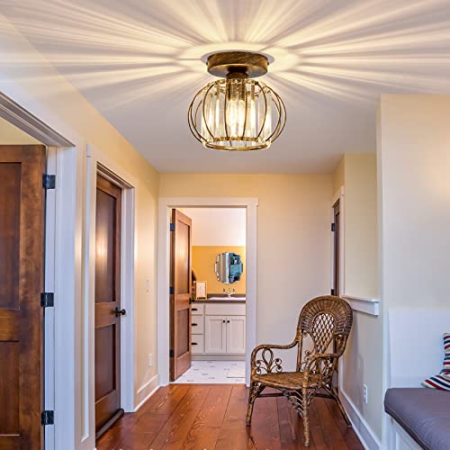 Semi Flush Mount Ceiling Light Fixture E26 Mini Crystal Chandelier Oil Rubbed Bronze Small Ceiling Lamp for Entryway Bedroom Bathroom Hallway Closet Foyer Light