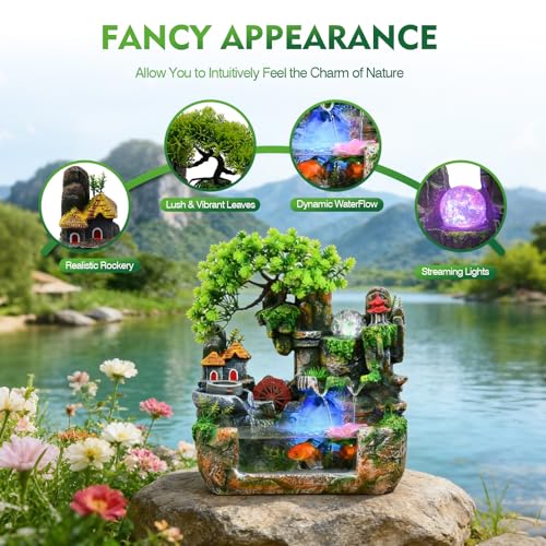 Upgraded Resin Tabletop Waterfall Fountain with LED Mist & DIY Rockery Landscape