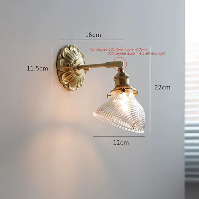 Elegant Brass Wall Sconce Modern Adjustable Home Decor Lighting Fixture with Striped Green/Clear Glass Shade, Japanese-Style Wabi Sabi Polished Brass Hardwired Sconces for Bedroom