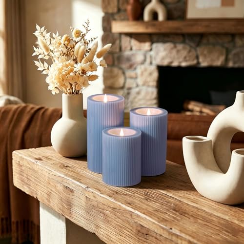 Dusty Blue Ribbed Moving Flame LED Pillar Candles with Remote (Dusty Blue)
