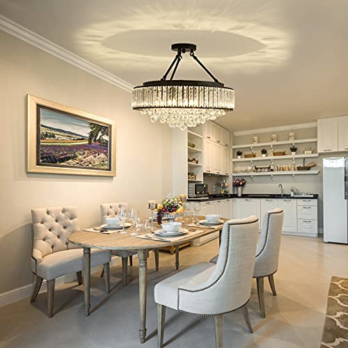6 Light Modern Large Crystal Chandelier Black Metal E26 Semi Flush Mount Round Light Fixture Ceiling Lamp Farmhouse for Dining Living Room Laundry Foyer Kitchen Balcony Bedroom
