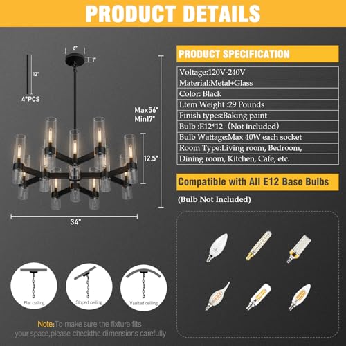 12 Light Black Farmhouse Chandeliers for Dining Room Light Fixture 34"