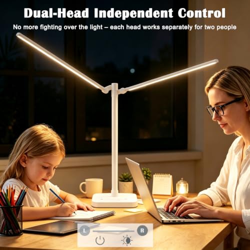 Desk Lamp for Office Home Dual Head 24W Swing Arm Reading Table Lamp White (White)