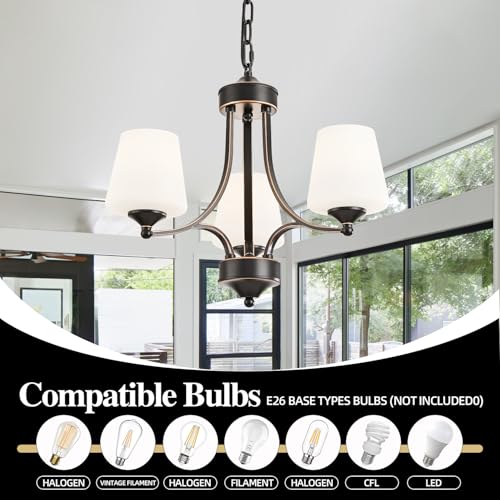 3 Light Farmhouse Chandelier with Milk White Frosted Glass Shades Black Dining Room Light Adjustable Height Ceiling Hanging Light Fixtures for Dinner Table