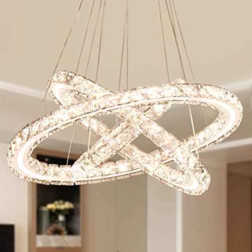 Dimmable LED Chandeliers Modern Crystal Chandeliers Ceiling Light Three Rings Pendant Light with Acrylic for Bedroom Dinning Room Hallway