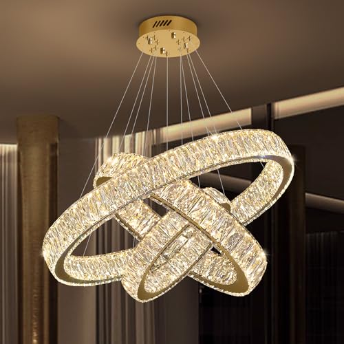 Modern Led Gold Ring Chandelier Luxury 3 Ring Crystal Chandelier Led Dimmable Light for Dining Room Height Adjustable Led Pendant Light 32''+24''+16''
