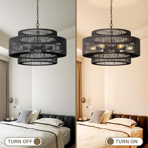 23.6" Black Large Boho Rattan Chandelier Light Fixture