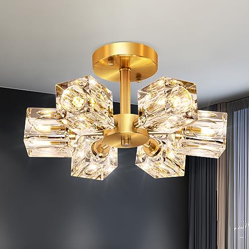 Semi Flush Mount Ceiling Light Fixture Modern 6 Lights Gold Crystal Chandelier