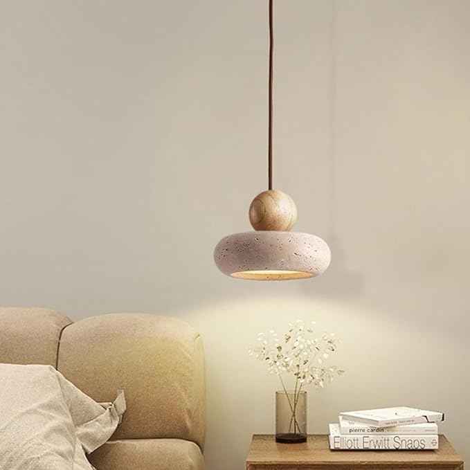 Japanese Wabi-Sabi Pendant Light Rustic Stone and Wood Modern Minimalist Chandelier Beige Natural Wood Accent Lighting Handmade Pendant Lamp for Kitchen Island, Dining Living Room(Beige)