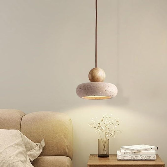 Japanese Wabi-Sabi Pendant Light Rustic Stone and Wood Modern Minimalist Chandelier Beige Natural Wood Accent Lighting Handmade Pendant Lamp for Kitchen Island, Dining Living Room(Beige)