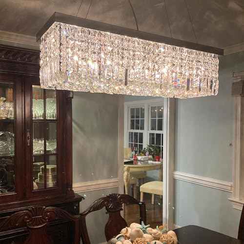 Rectangular Chandeliers for Dining Room, Modern Rain Drop Chandeliers, Hanging Pendant Crystal Chandelier Light for Kitchen Island, Beautiful Ceiling Light Fixture for Cafes Office of CRYSTOP