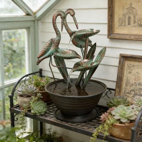 Tabletop Water Fountain with Standing Metal Crane for Home Decor