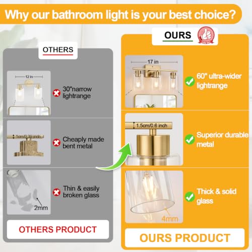 3 Light Brushed Gold Bathroom Vanity Light
