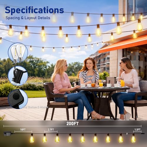 200FT Outdoor String Lights with Remote & Dimmable