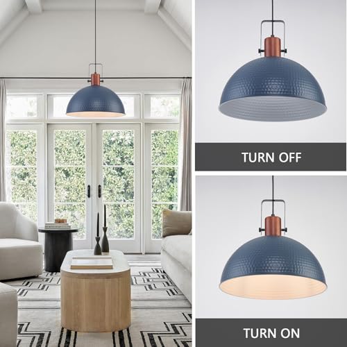 16 Inch Blue Pendant Lights Hammered Matte Pendant Lights for Kitchen Island Industrial Farmhouse Adjustable Height Dome Hanging Light Fixtures for Barn