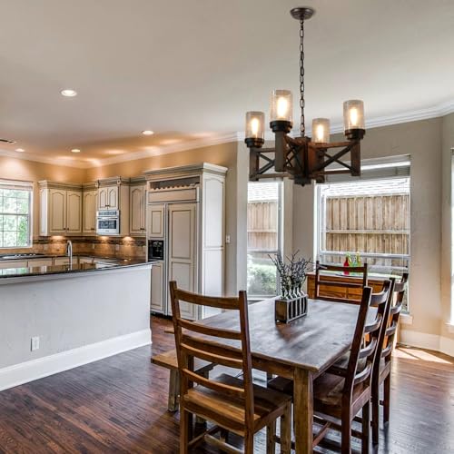 Wood Farmhouse Rustic Chandelier 4 Lights with Glass Shades