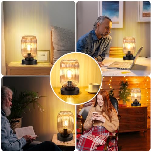 Mid Century Modern Table Lamp with Amber Ribbed Glass Shade