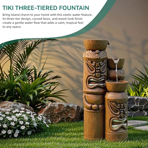 31" H Tiki Statue Outdoor Water Fountain with LED Lights