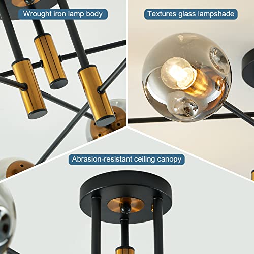 6 Light Sputnik Ceiling Light Fixture Mid Century Black and Gold Chandelier
