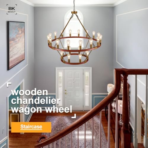 Farmhouse Large Wagon Wheel Chandelier 43" 2 Tier Rustic Gold Chandelier