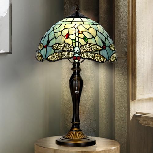 TL0023 Tiffany Style Dragonfly Table Lamp Stained Glass Blue Shade Reading Desk Light 12 X 20 Inches for Bedroom Living Room Home Office