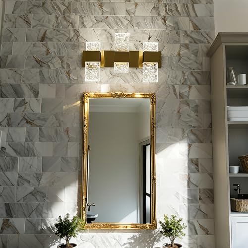 Gold Bathroom Vanity Lights Fixtures Over Mirror LED Crystal Modern 3 Light Brushed Stainless Steel Wall Mount Light for Bathroom Lighting Fixtures 3000K 30Watts Warm Light