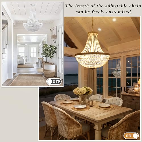 22" Boho Wood Beaded Chandelier Farmhouse Rattan Pendant Light Fixtures Bohemia Large Rattan Chandeliers for Dining Room Living Room Kitchen Island Entryway Foyer
